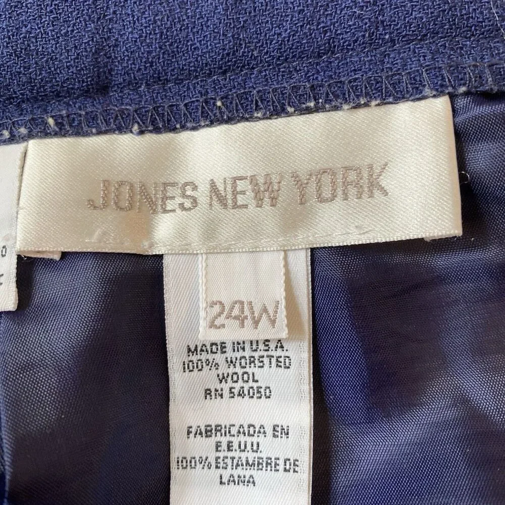 Vintage Jones New York Pencil Skirt 24W Navy Blue Wool Pleated Lined‎ Zipper